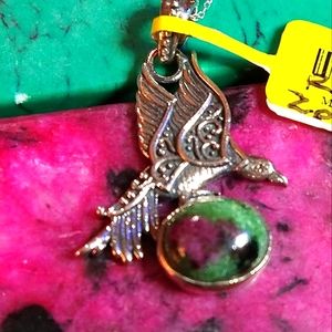 MEN'S-EAGLE STERLING PENDANT/OVAL, ✔️RUBY ZOISITE CABOCHON. 18" STERLING CHAIN.